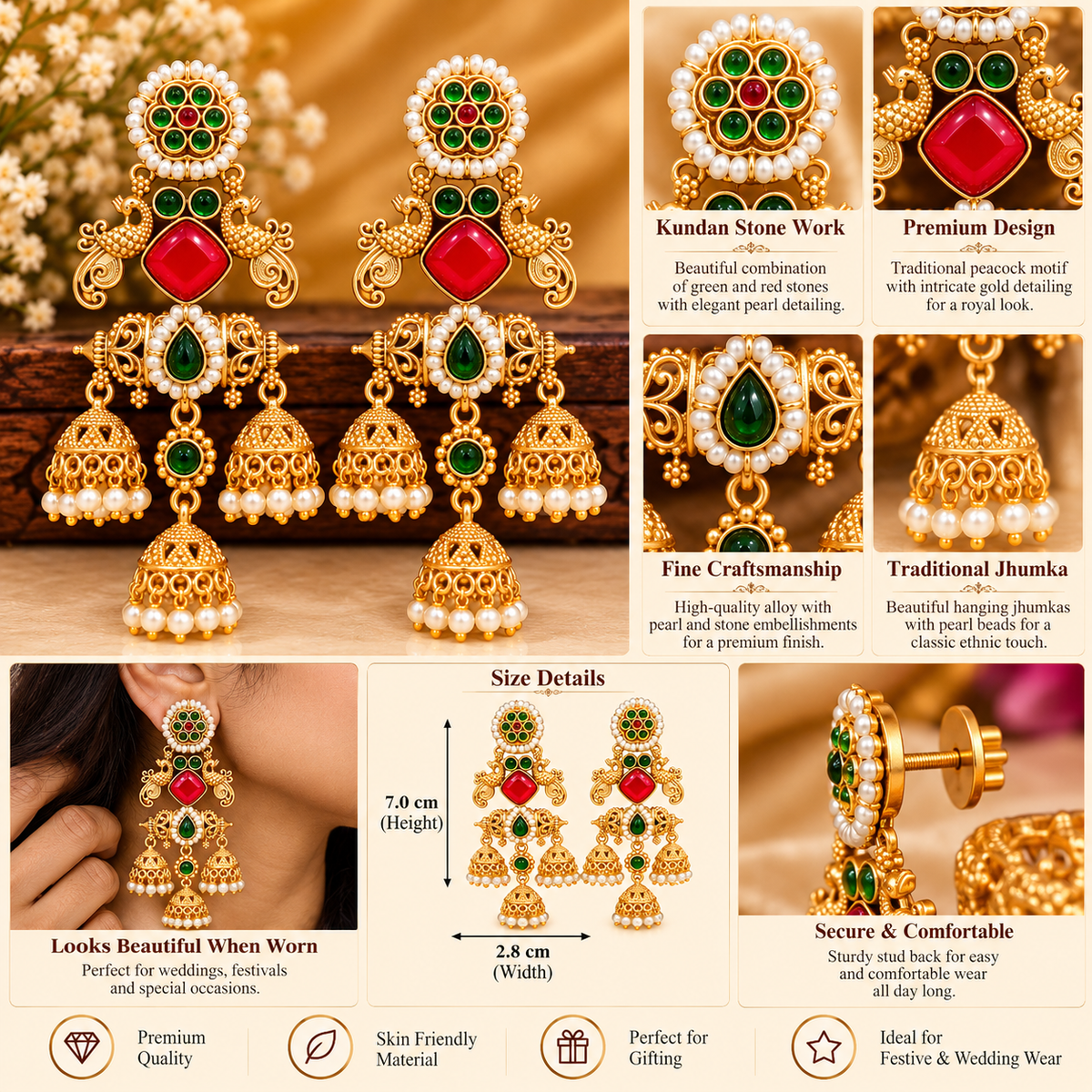 Maharani Kemp Red Green Stone Jhumkas