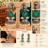Blue Mayuri Green Stone Pearl Drop Jhumkas