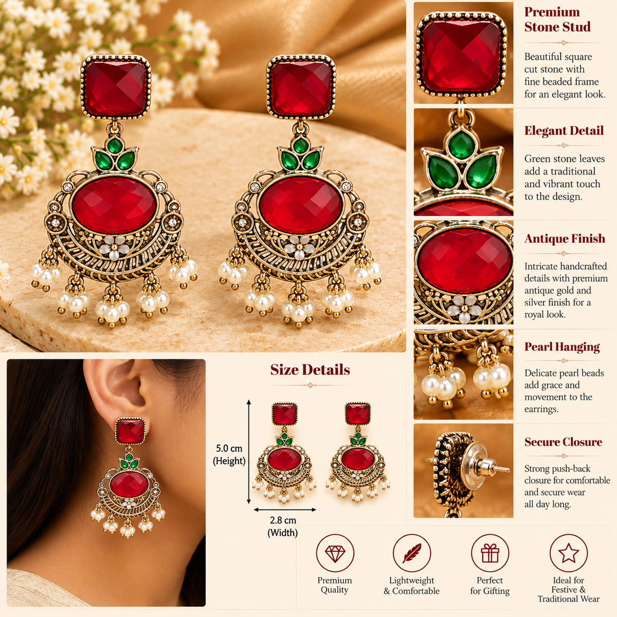 Vintage Berry Red Stone Gold Dangler Earrings