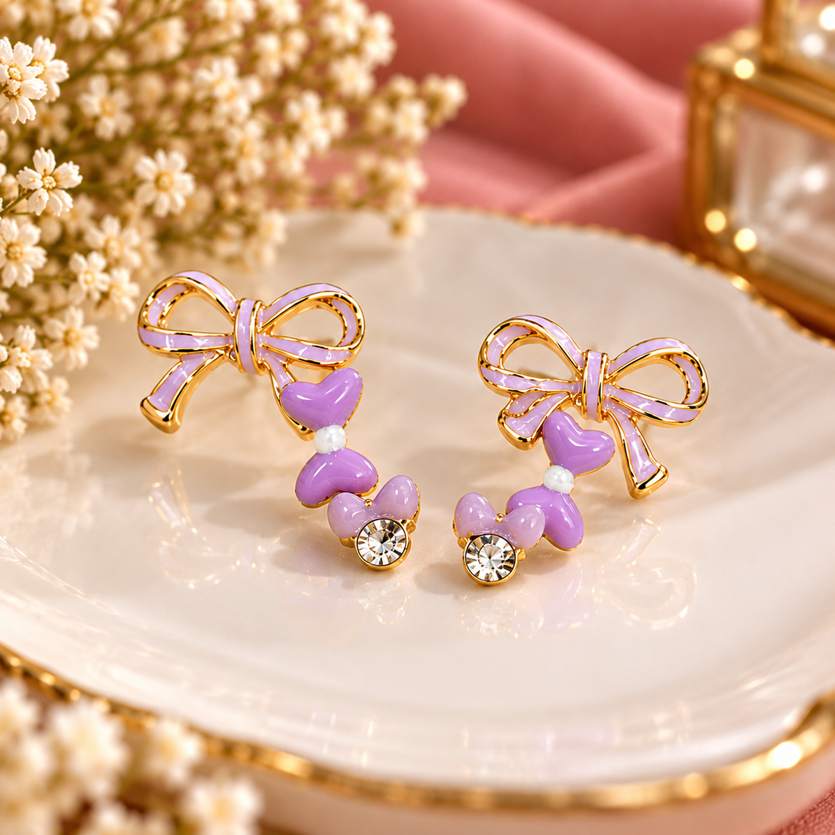 Purple Bow Crystal Earrings
