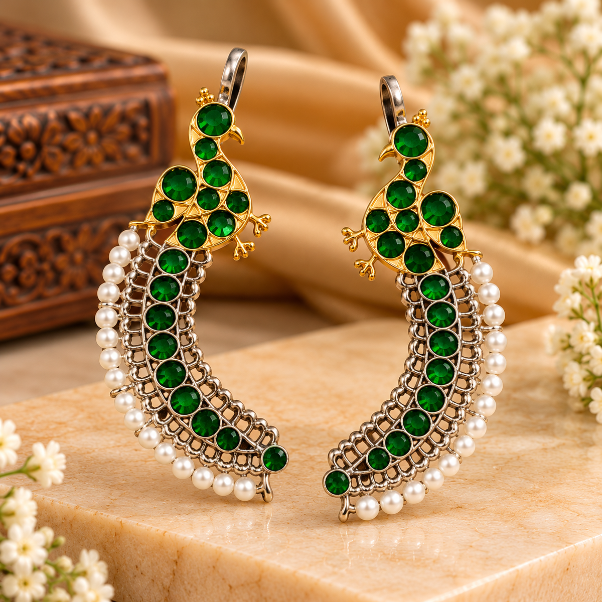 Mayuri Green Stone Peacock Pearl Ear Climbers