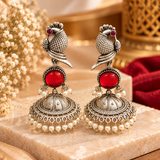 Morni Red Stone Pearl Jhumka Earrings