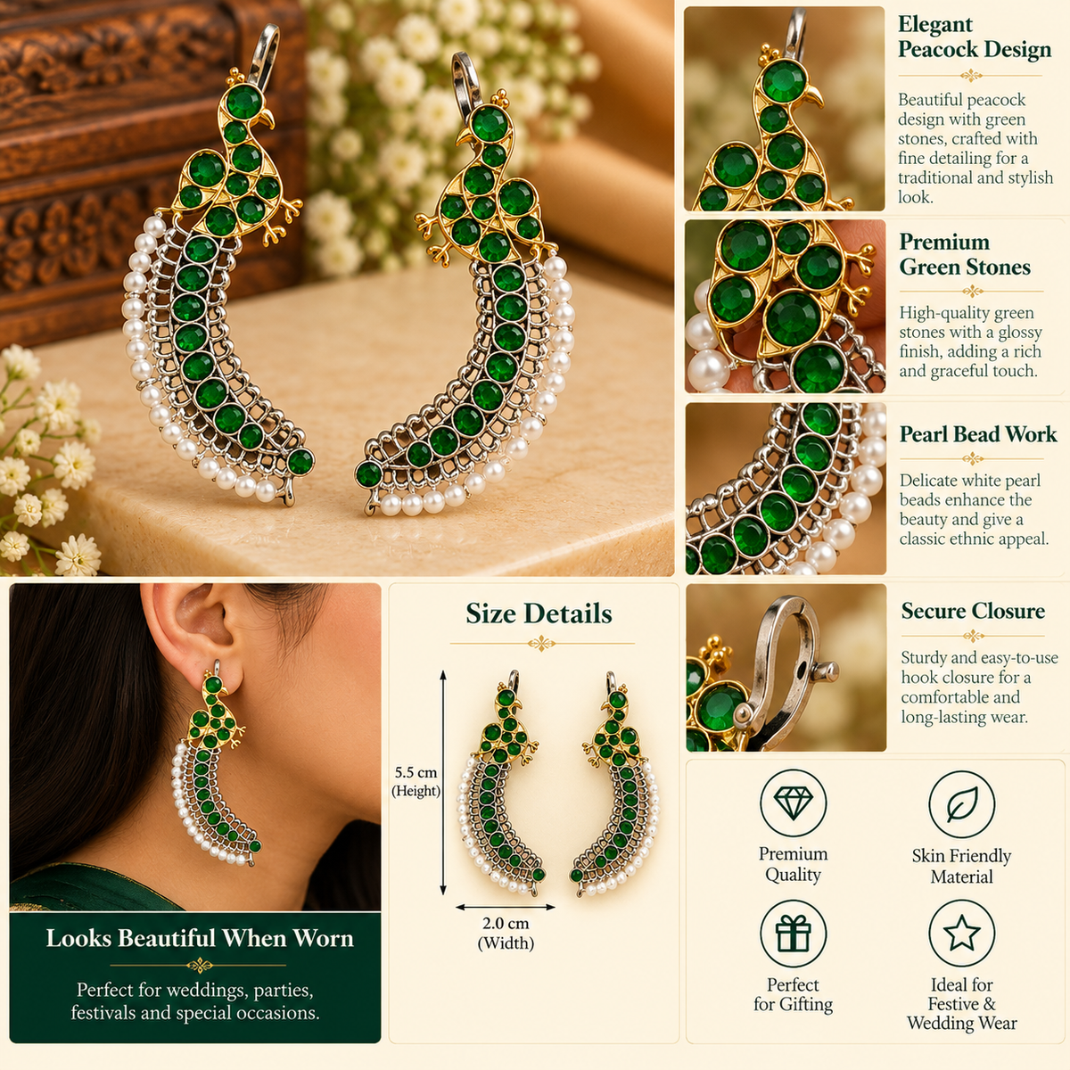 Mayuri Green Stone Peacock Pearl Ear Climbers