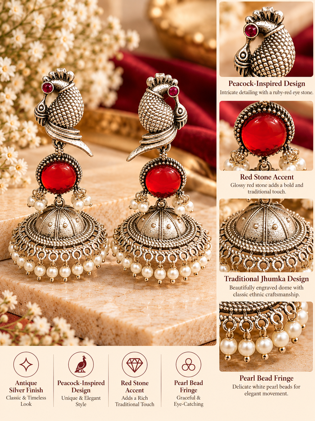 Morni Red Stone Pearl Jhumka Earrings