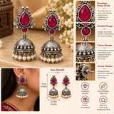 Red Forest Oxidised Silver Teardrop Jhumka Earrings