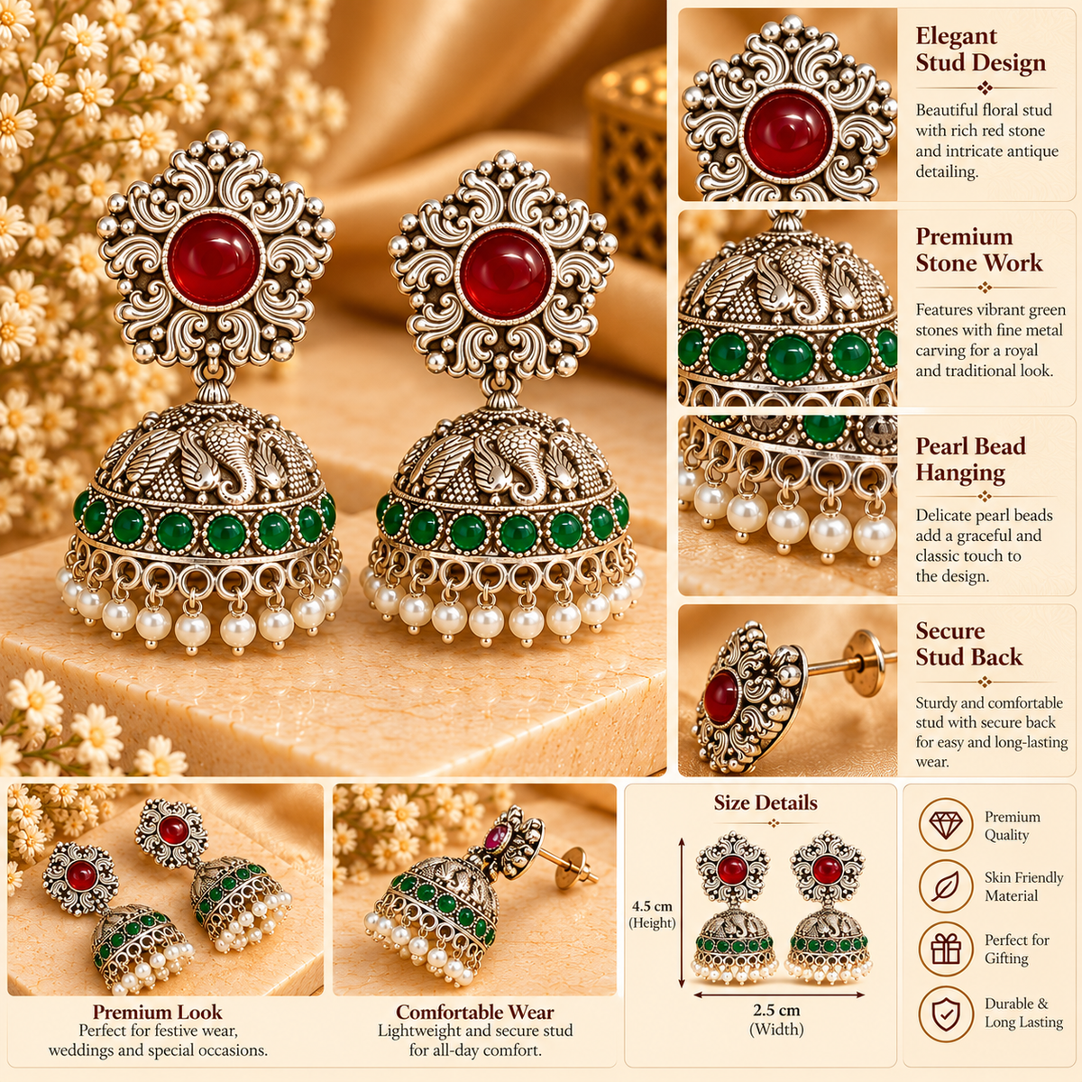 Crimson Jade Green Stone Pearl Drop Jhumkas