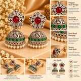 Crimson Jade Green Stone Pearl Drop Jhumkas